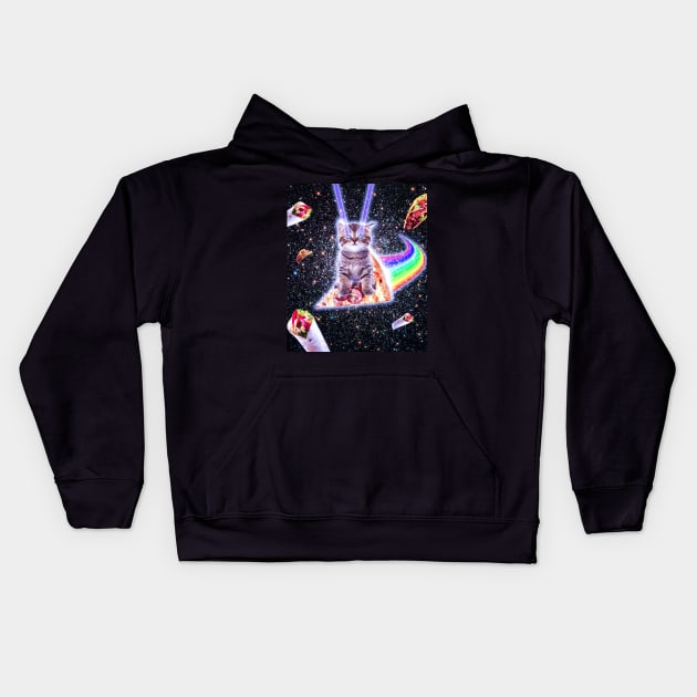 Laser Eyes Space Cat Riding Rainbow Pizza Kids Hoodie by Random Galaxy